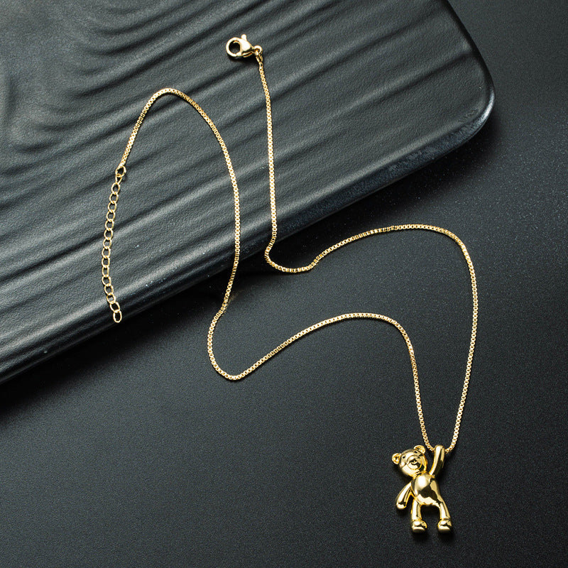 Ins Japan and South Korea Simple and Cute Bear Pendant Necklace Pure Copper Plated 18K Gold Hip Hop Male and Female Clavicle Chain Accessories Wholesale