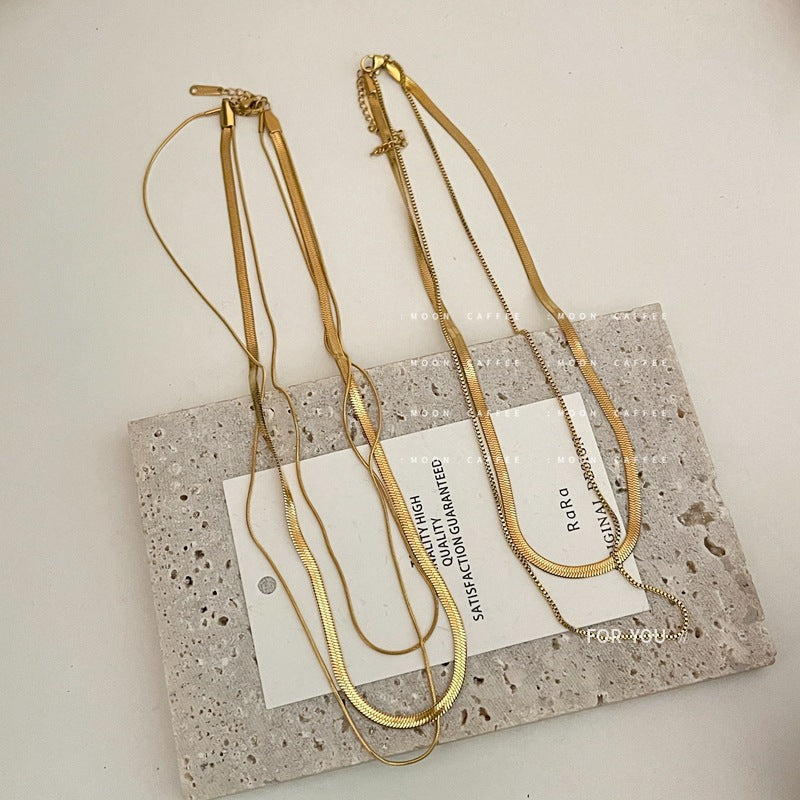 No fading net red same style double-layer three-layer personality tide European and American cold wind wide flat layered collarbone chain necklace female