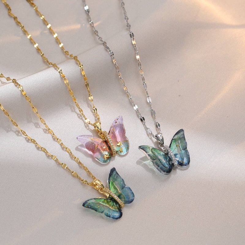 [Titanium Steel] Forest-style fantasy butterfly light luxury temperament gorgeous necklace women's versatile clavicle chain titanium steel chain