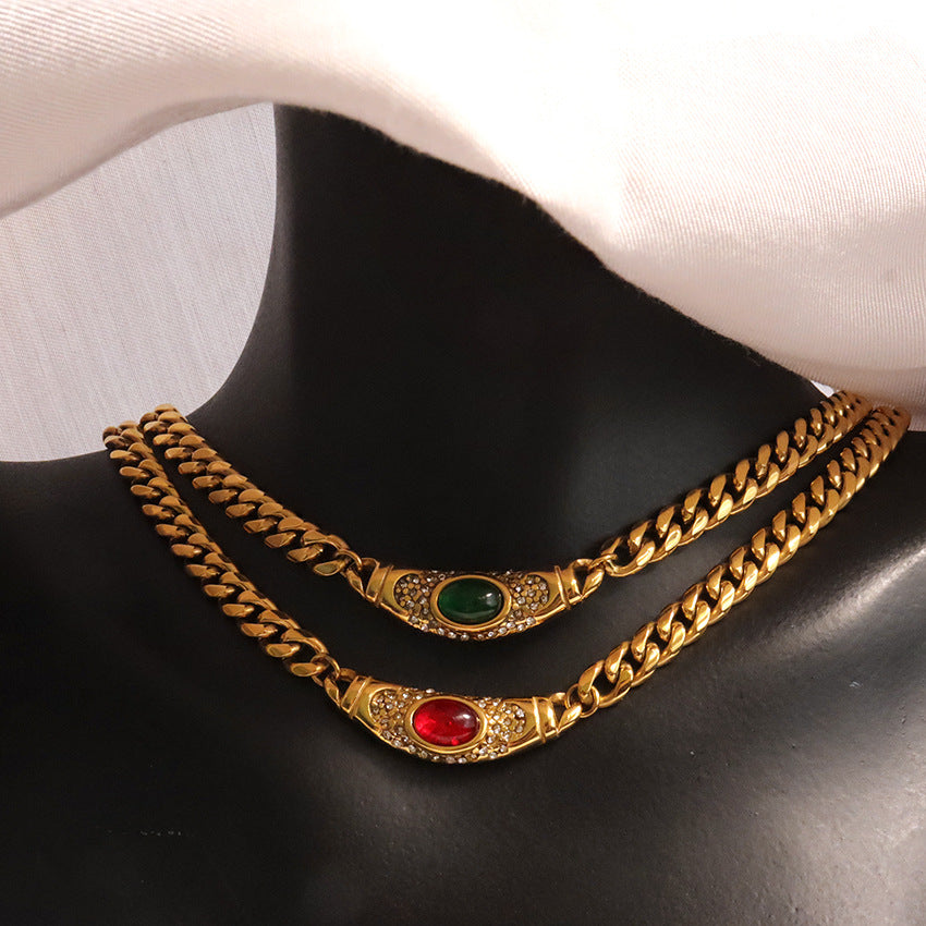 European and American fashion style 18K gold stainless steel inlaid color palace high-end thick zircon necklace clavicle