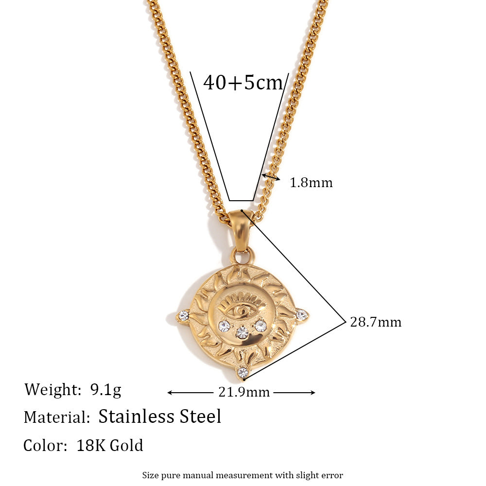 European and American temperament retro niche design necklace stainless steel plated 18K gold side chain round sticky diamond tarot female