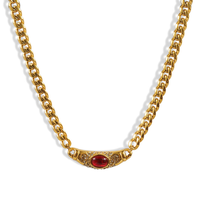 European and American fashion style 18K gold stainless steel inlaid color palace high-end thick zircon necklace clavicle