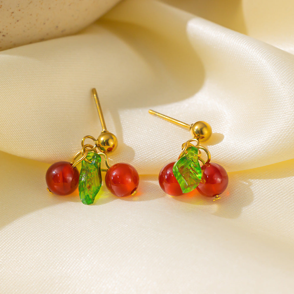 High-grade temperament girl sweet student cute gift red chalcedony cherry fruit necklace clavicle chain titanium steel female