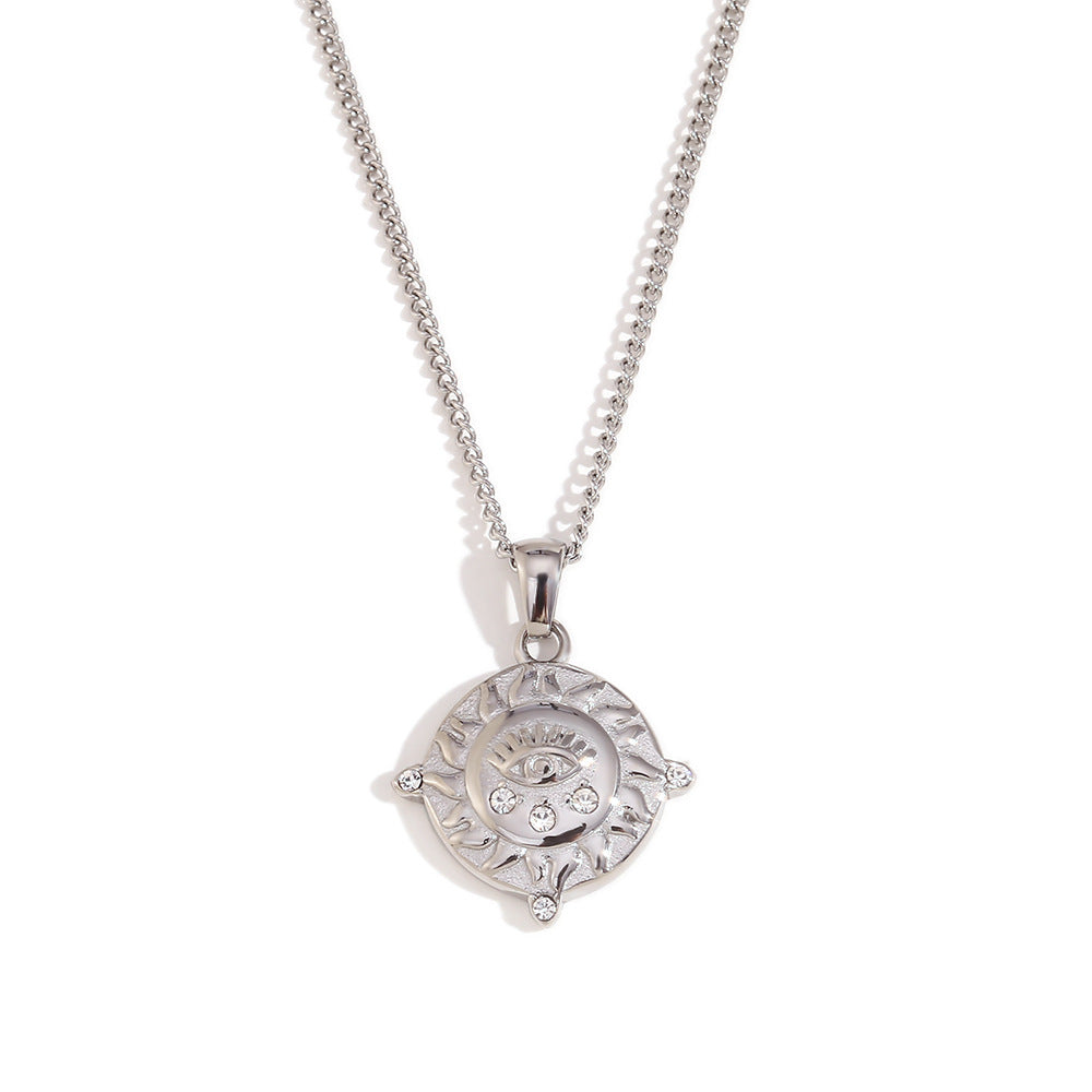 European and American temperament retro niche design necklace stainless steel plated 18K gold side chain round sticky diamond tarot female