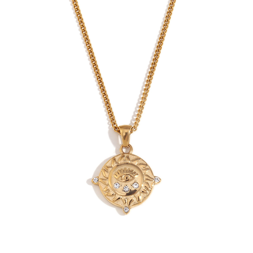 European and American temperament retro niche design necklace stainless steel plated 18K gold side chain round sticky diamond tarot female