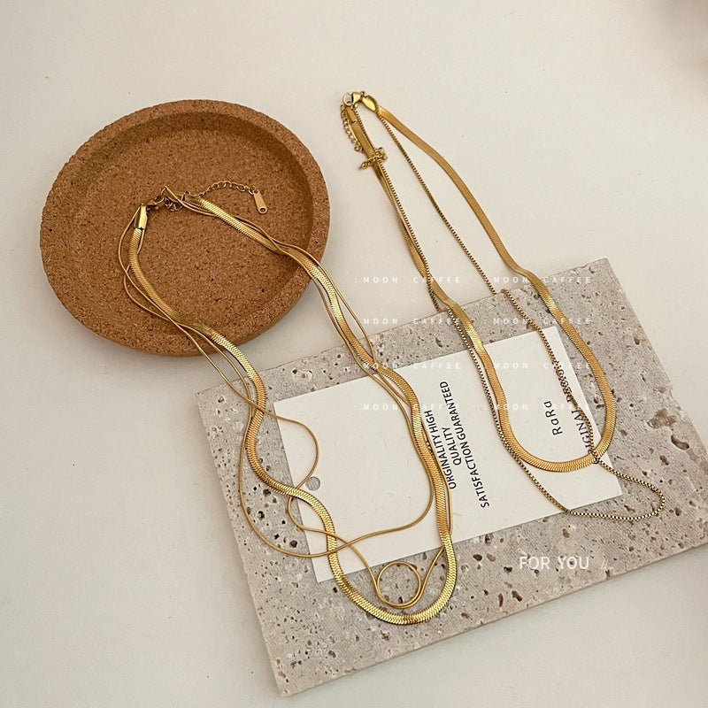 No fading net red same style double-layer three-layer personality tide European and American cold wind wide flat layered collarbone chain necklace female