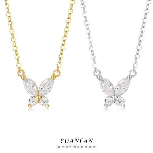 s925 sterling silver European and American butterfly shiny zircon necklace female light luxury cross-border versatile necklace fashionable simple clavicle chain