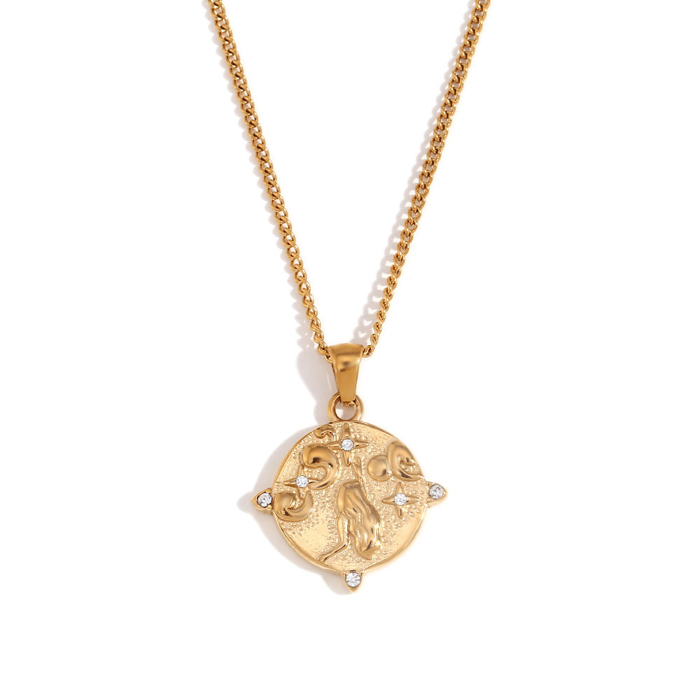 European and American temperament retro niche design necklace stainless steel plated 18K gold side chain round sticky diamond tarot female