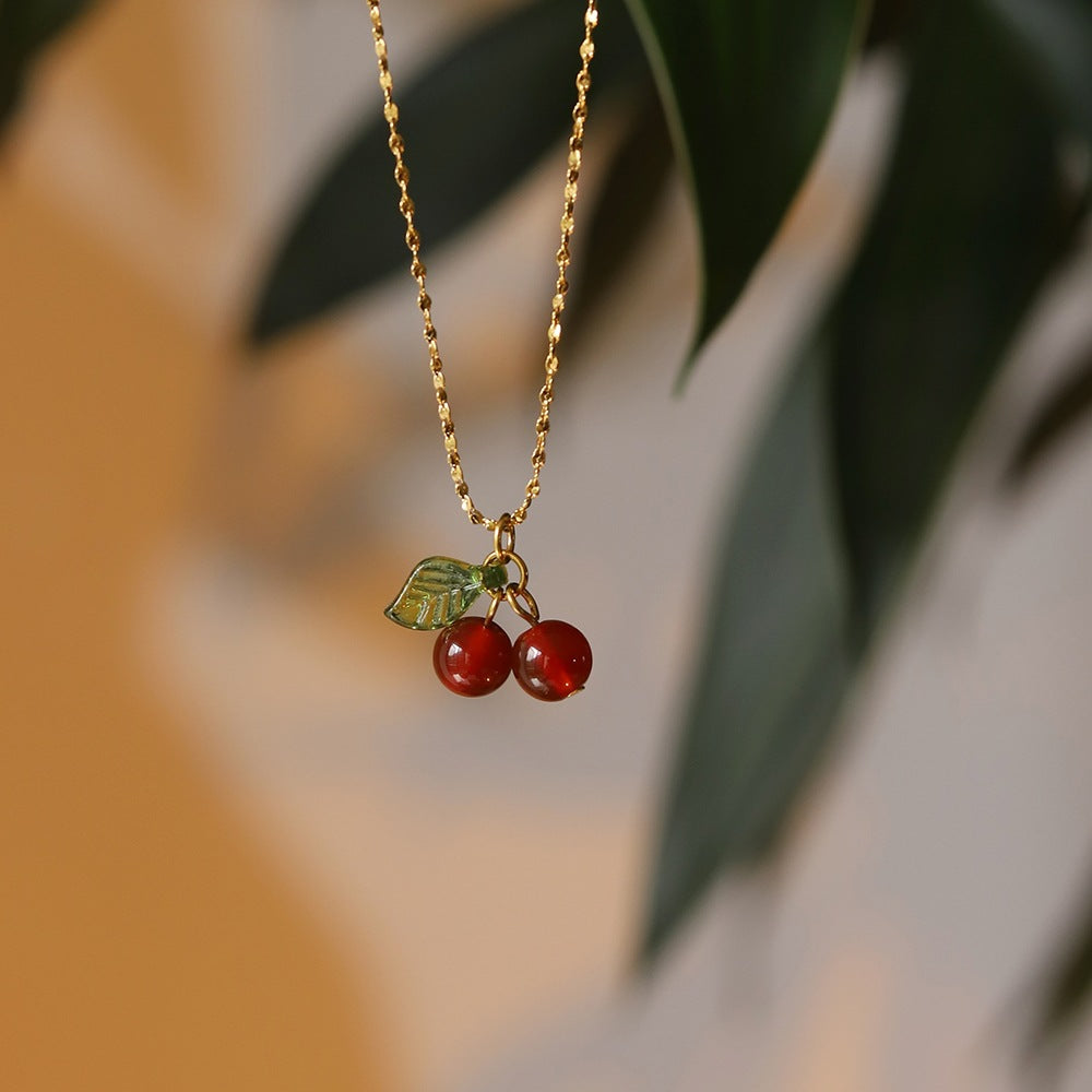 High-grade temperament girl sweet student cute gift red chalcedony cherry fruit necklace clavicle chain titanium steel female