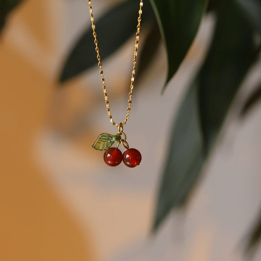 High-grade temperament girl sweet student cute gift red chalcedony cherry fruit necklace clavicle chain titanium steel female