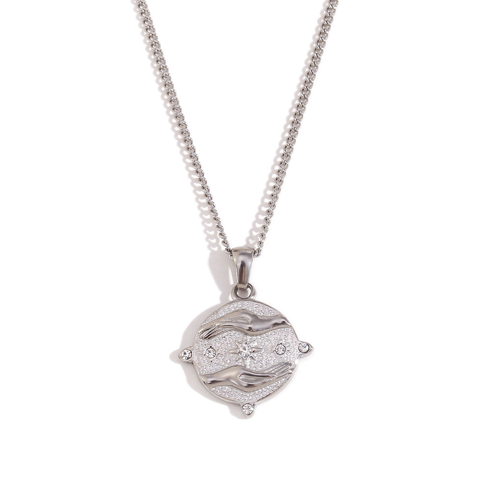 European and American temperament retro niche design necklace stainless steel plated 18K gold side chain round sticky diamond tarot female